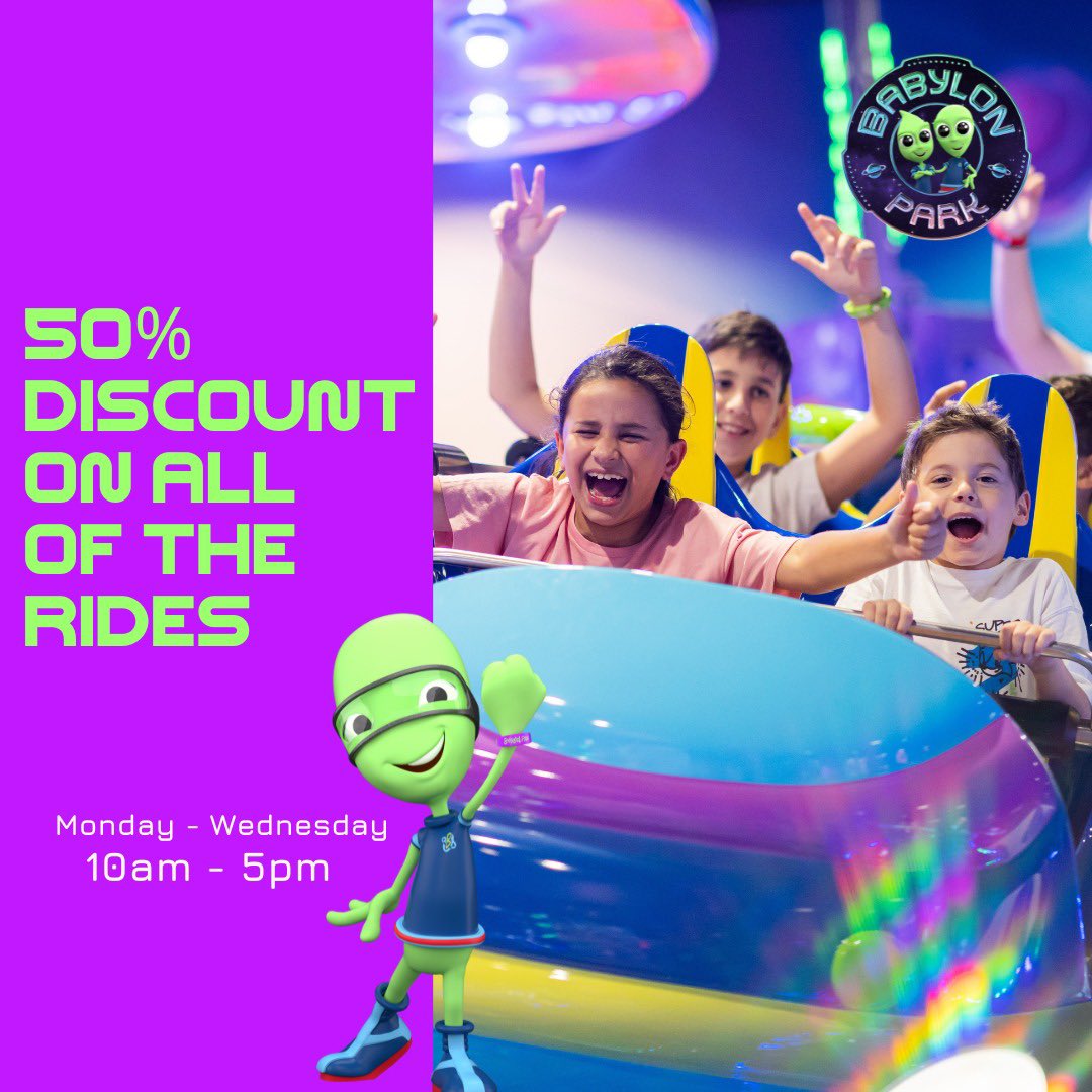 Monday-Wednesday 10am-17pm 50% of on all of the rides. List in the comments ❤️👽 #babylonpark #babylonparkldn #babylonparkuk