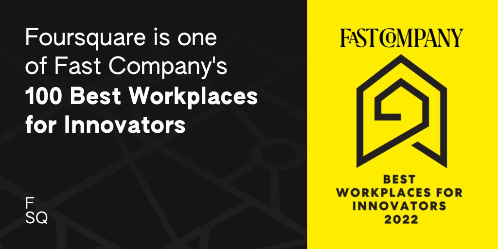 Foursquare's tweet photo. Foursquare is one of Fast Company’s 100 Best Workplaces for Innovators - learn why we’re part of this exclusive group of companies.  Read our latest blog https://t.co/TqVn7JqqXR #innovation #fastcompany #bestplacestowork https://t.co/viKb6QFuYV