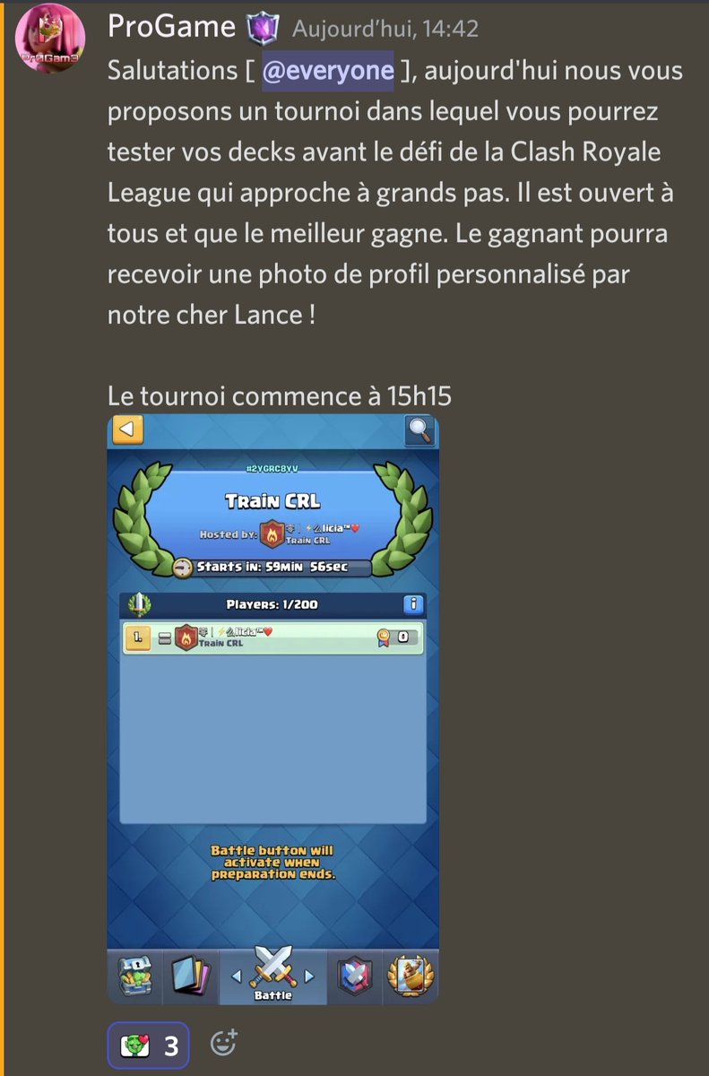 Gros tournoi de mon serveur pour la CRL qui arrive dans quelques jours n'hésitez pas à rejoindre il y a <a href="/MohamedLightCr1/">Mohamed Light</a> <a href="/TooGoodCR/">TooGoodCR</a> <a href="/planetcr_/">PLANET</a> et pleins d'autres bons joueurs que vous pourrez affronter.

Tag du tournoi : #2YGRC8YV

Finalement le tournoi commence à 15h30