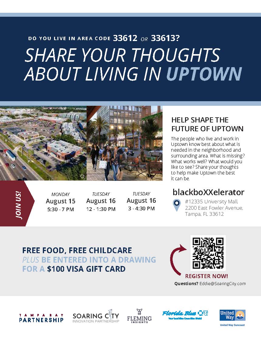 Spread the word that we are hosting focus groups  for residents of zips 33612 and 33613 on8/15 &amp; 8/16. These sessions will yield important information for a study that <a href="/TBPartnership/">Tampa Bay Partnership</a> is producing focused on Uptown. Register for one of three sessions at form.jotform.com/222014676950051