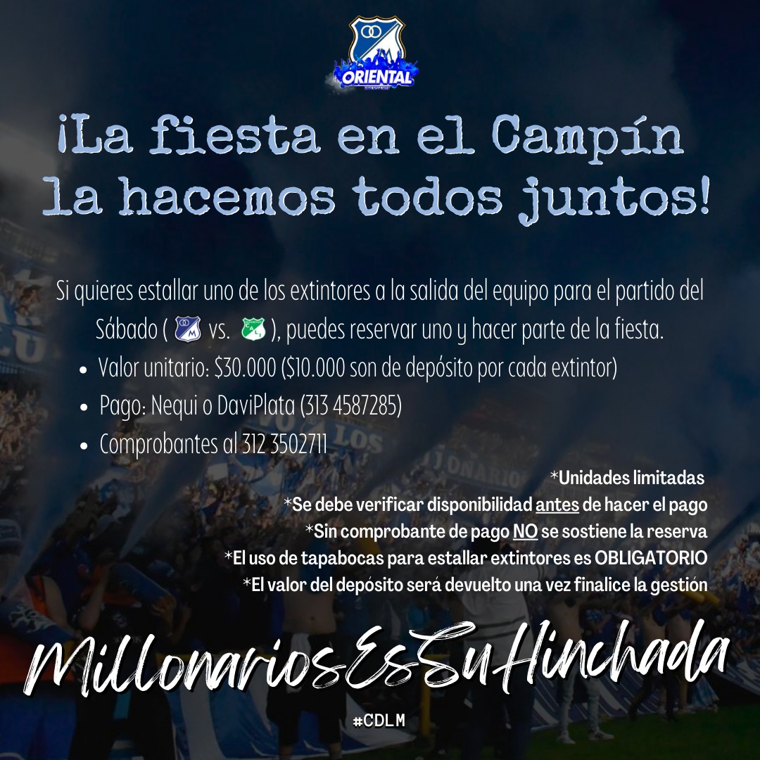 ASOBIM_'s tweet photo. 🔵⚪️ ¡La fiesta es de todos! ⚪️🔵
Para el partido vs. Cali de nuevo tendremos disponibilidad de extintores para que sean estallados por gente del público general de la tribuna ORIENTAL
Si están interesados, les dejamos toda la información👇🏼
#MillonariosSomosTodos #CDLM #ASOBIM https://t.co/EpxbC6oQ4q