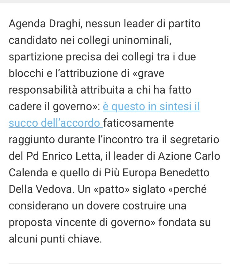 m_spagna's tweet photo. Il #corriere riassume così l’accordo tra #calenda e #letta.
Un programma articolato, complesso:
- spartizione precisa dei seggi uninominali
- attribuzione di “grave responsabilità” a chi ha fatto cadere il governo #draghi
li voglio contare i #piddopuzzoni alle urne 😂😂😂 https://t.co/OoBoifu7SW