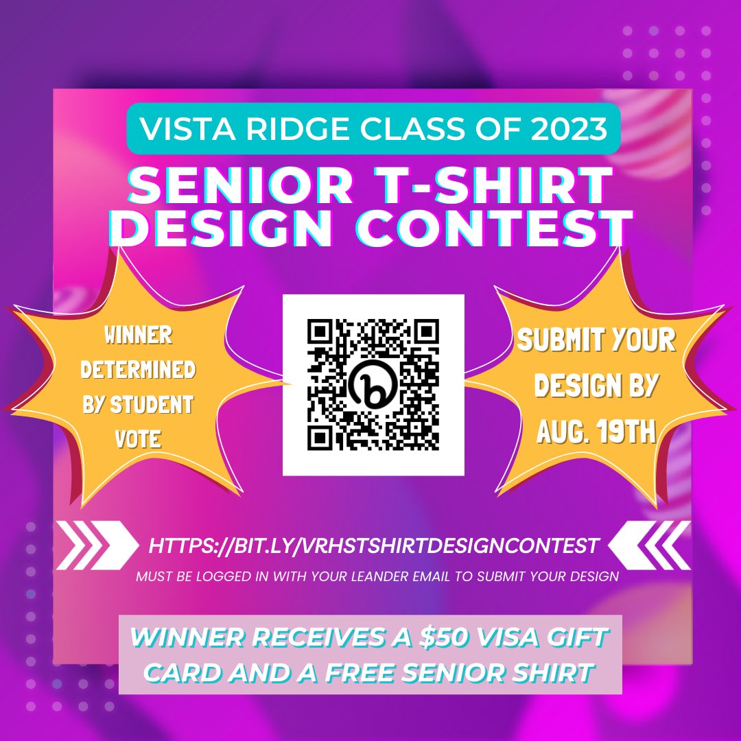VRHSProjGrad23's tweet image. 👚Vista Ridge Seniors 2023-Project Grad wants YOU to design the Senior 2023 shirt!

Seniors will vote to select the winner!

Deadline is Aug. 19.

Enter here (must be logged in to LISD account): bit.ly/vrhstshirtdesi…
#projectgraduation #projectgrad #vrhsclassof2023