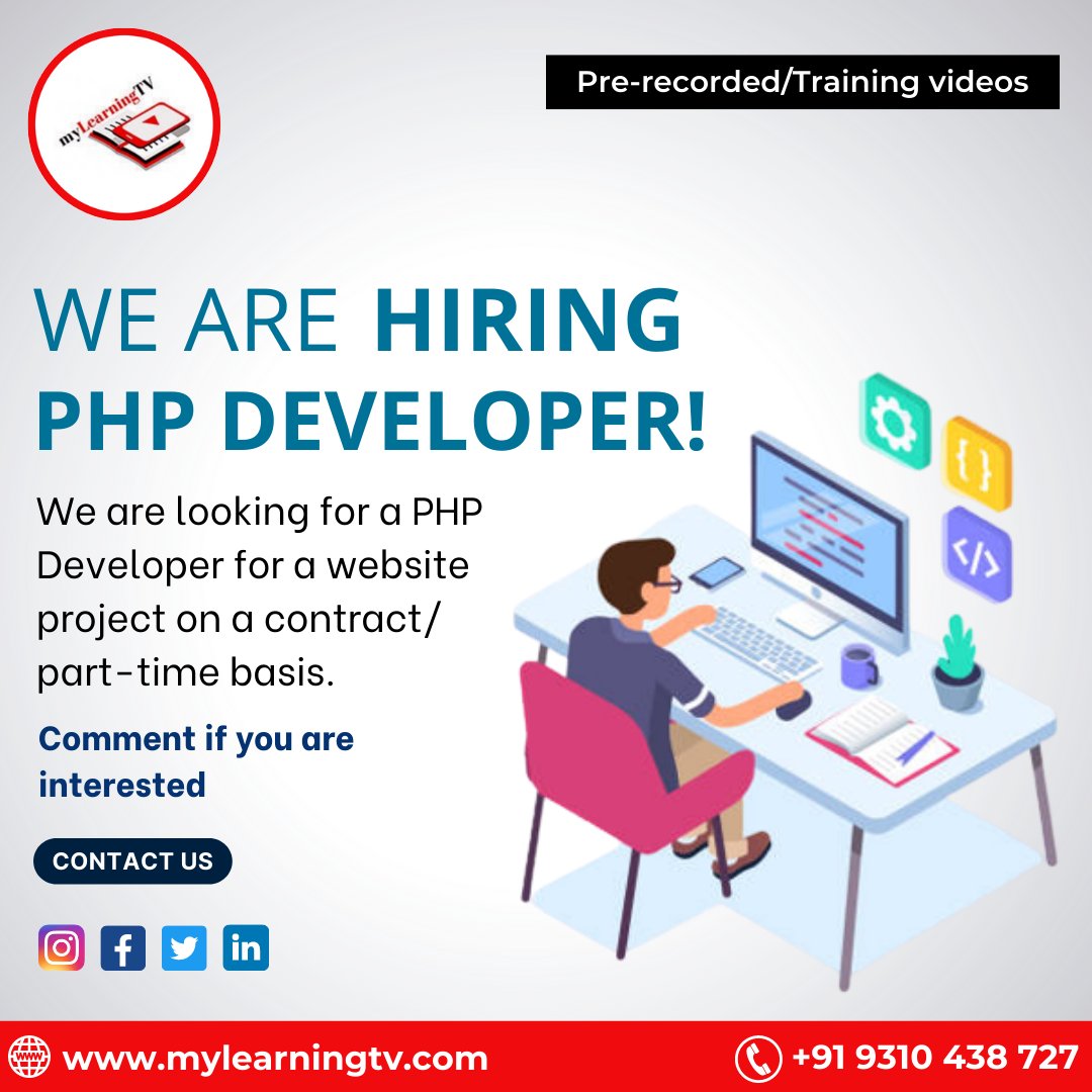 MyLearningTV's tweet image. At My LearningTV, we are hiring a PHP developer for a website project on a contract or part-time basis. Comment if you are interested. We invite you to join My Learning TV and grow your career.
#pythonprogramming #joinpython #pythoncourses #freelance #freelancetrainer