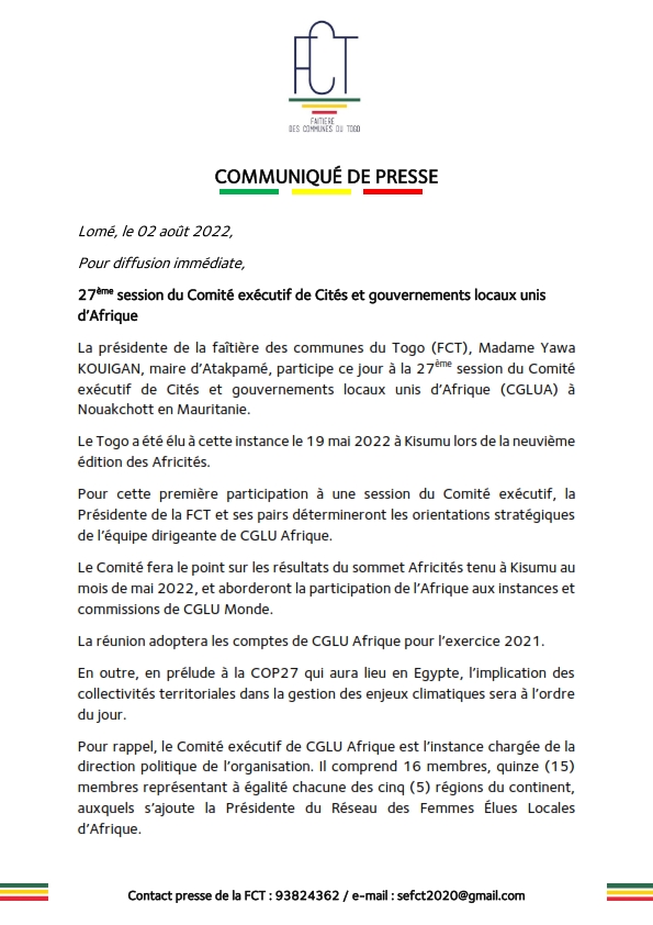 fct228's tweet photo. COMMUNIQUÉ DE PRESSE
@YawaKouigan
27ème session du Comité exécutif de CGLUA
La présidente de la FCT, Madame Yawa KOUIGAN, d’Afrique (CGLUA) à Nouakchott en Mauritanie.
#fct228
#décentralisation
#développementlocal
#Nouatchott
#Mauritanie
#CGLUA https://t.co/kBzPMVc7FJ