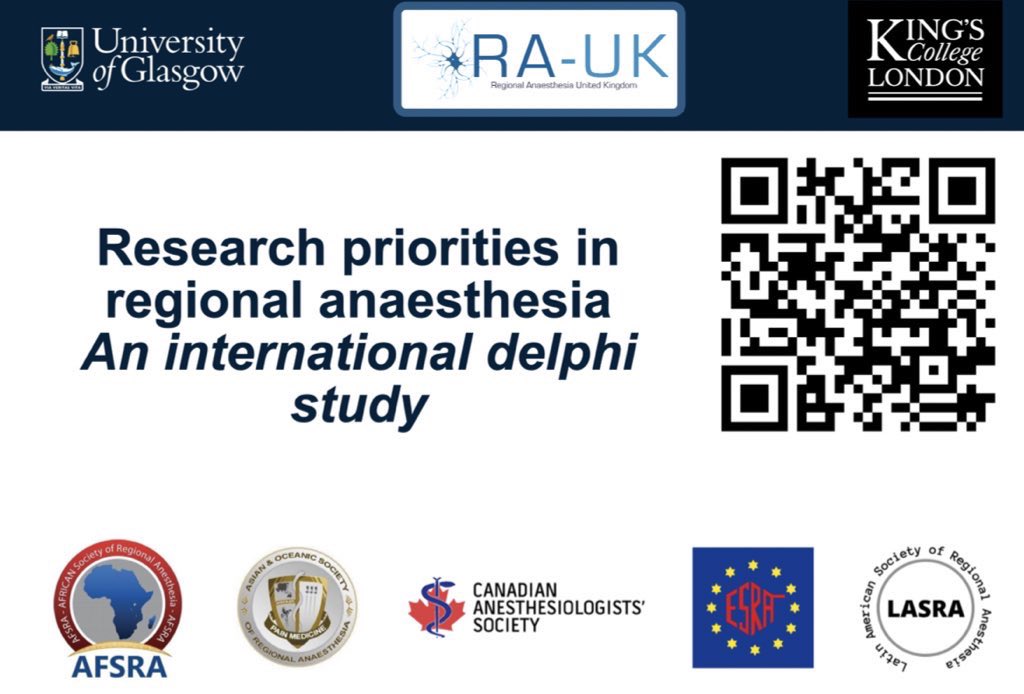 The @RegionalAnaesUK led intl survey with @AFSRA10 @CASUpdate @ESRA_Society @lasrachile AOSRA aiming to establish worldwide priorities in #regionalanaesthesia closes next week Last chance to add ideas to the >1000 suggestions already 🙏🏼⏰ ➡️https:/forms.office.com/r/h1VNPFi4D0