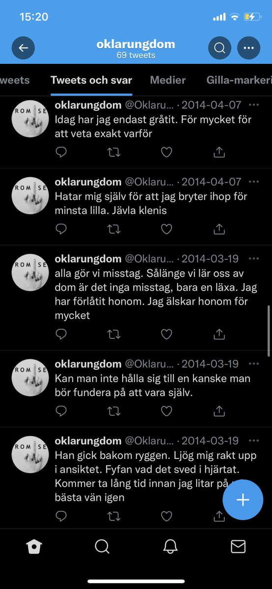 Hittade ett gammalt konto jag hade 2014. Då var jag alltså 16 år. Nu såhär i efterhand får jag gissa mig till vem den här killen kan ha varit. 
Tonåren hörni, fint det! 🥲