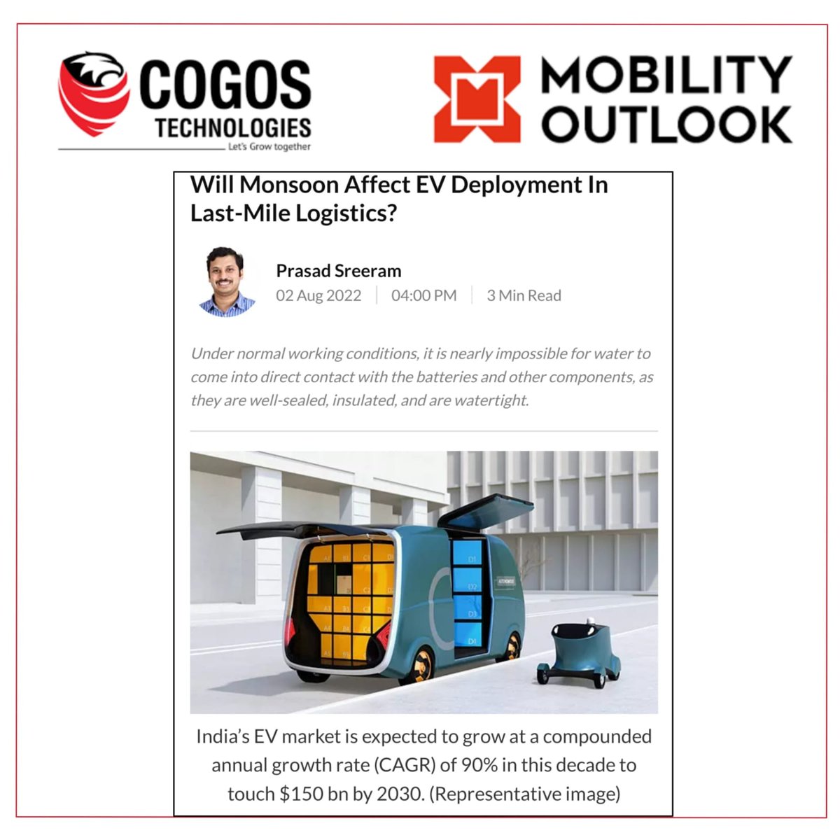 cogostech's tweet photo. Read the view of our Co-Founder &
CEO, Prasad Sreeram on deployment of EV in monsoon on the link below:
https://t.co/XtinT91CJh
#ThinkLogisticsThinkCOGOS #COGOS #startup #techinlogistics #logistics #monsoon #ev #weather #supplychain #lastmilelogistics #instagram #india https://t.co/sEOd4yowjp
