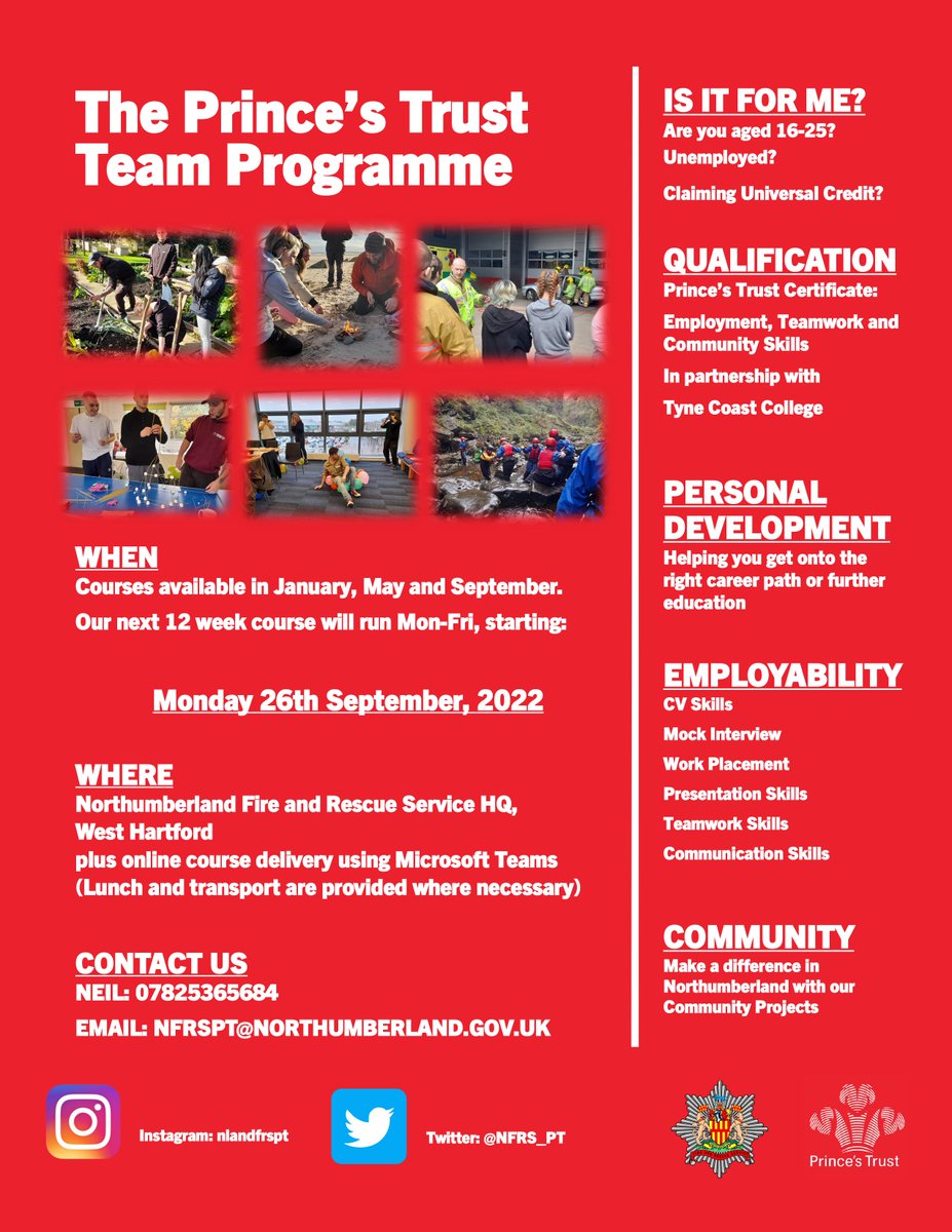 Recruitment is underway for our next Prince's Trust Team Programme, which starts on 26th September. If you are 16-25, unemployed and want to develop your personal and employability skills, get in touch to find out what Team can do for you. <a href="/NlandFRS/">Northumberland Fire & Rescue Service</a>