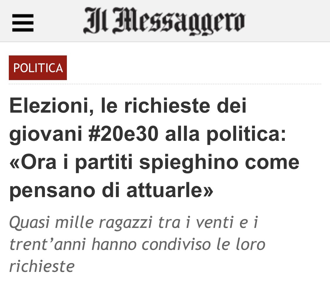 Rassegna stampa #20e30: <a href="/ilmessaggeroit/">Il Messaggero</a> ci ha ascoltato e abbiamo spiegato il progetto. 
Qui il link: ilmessaggero.it/AMP/politica/e…