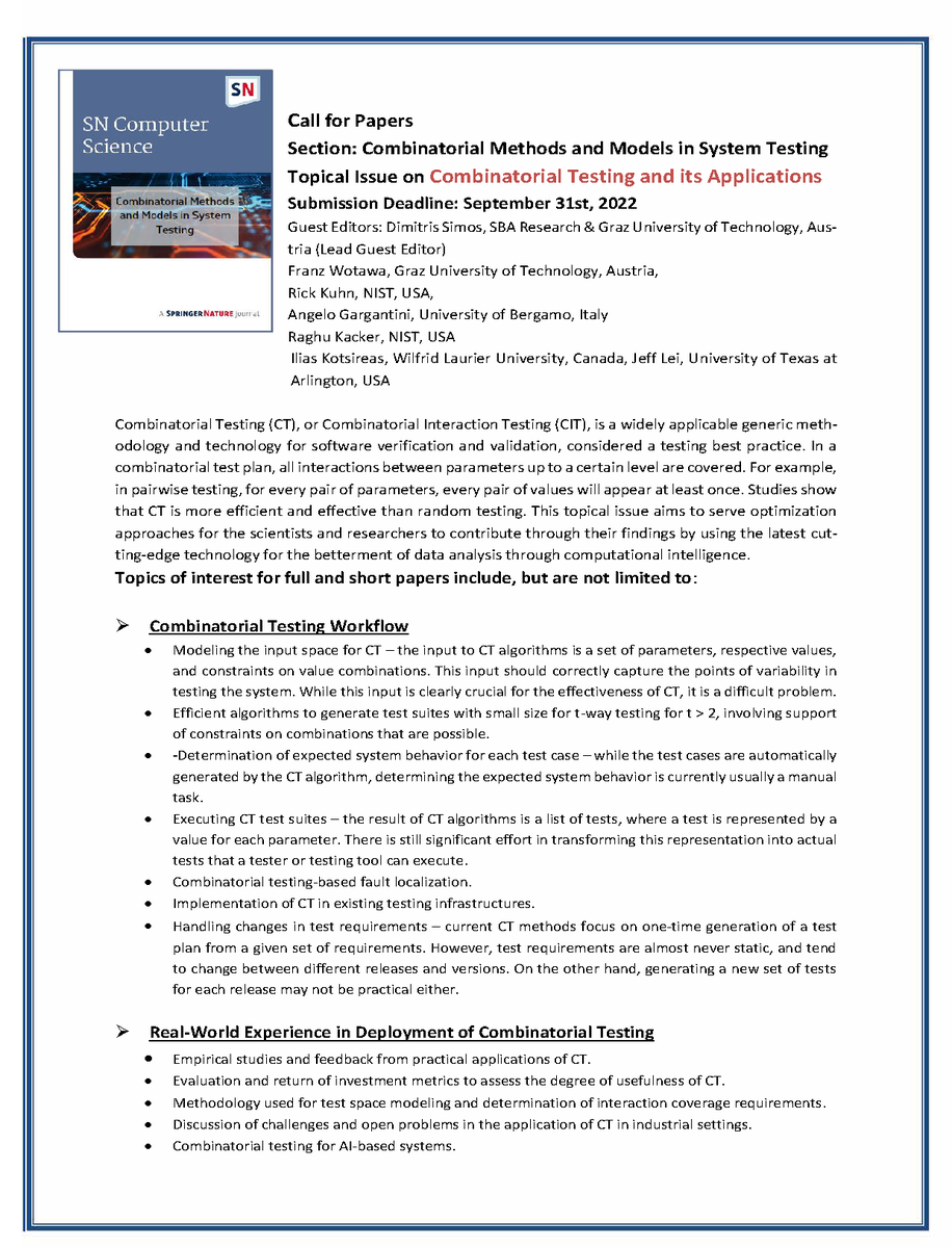 ComputerSci_CT's tweet photo. We are excited to share the CFP of our first special issue: Combinatorial Testing and its Applications. We are looking forward to receiving papers focused on the combinatorial approach! https://t.co/TVD158EYnH