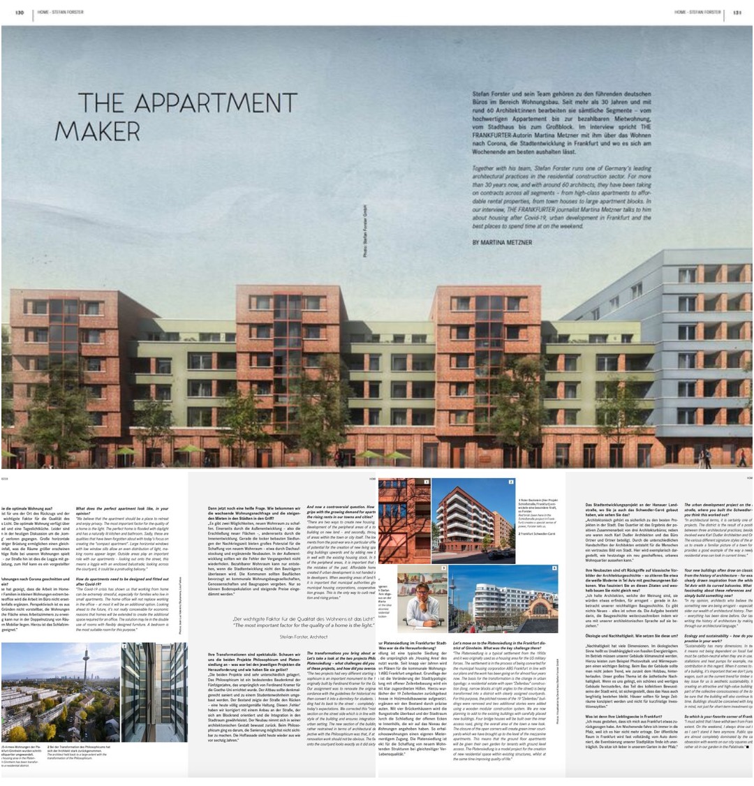 Stefan Forster <a href="/sfarchitekten/">Stefan Forster Arch.</a> gehören zu den führenden deutschen Büros im Bereich Wohnungsbau. Ich sprach mit ihm für #THEFRANKFURTER über das Wohnen nach Corona, die Stadtentwicklung in Frankfurt und wo es sich am Wochenende am besten aushalten lässt.