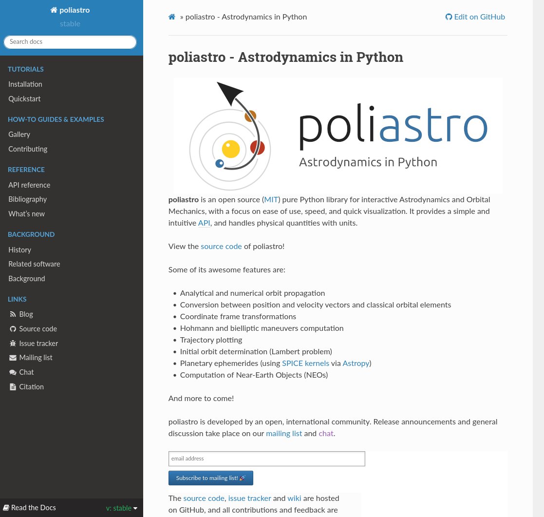 readthedocs's tweet image. Today we want to highlight the documentation of @poliastro_py and some of its nice things that called our attention! “poliastro is an open source (MIT) pure Python library for interactive Astrodynamics and Orbital Mechanics...” 

docs.poliastro.space/en/stable/

🤏 (small) 🧵