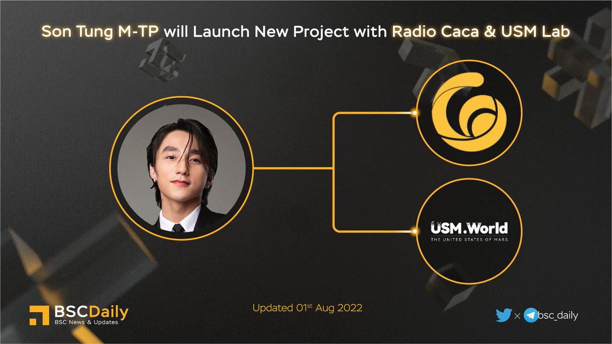 bsc_daily's tweet photo. 🎉 @sontungmtp777 will Launch New Project with @RadioCacaNFT &amp; @USMverse 🚀

#SONTUNGMTP - a famous Vietnamese singer-songwriter and actor with millions of Asia Fans🔥

#RACA - Home of the #USM 3D #Metaverse,
Popular blockchain game #Metamon World, #NFT Marketplaces, and more💪 https://t.co/pDGiJjLgq4
