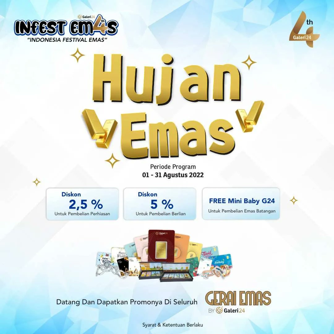 galeribercerita's tweet photo. ๐จ INFO BAGI-BAGI EMAS ๐จ
Dalam rangka ulang tahun ke-4 Galeri24 yang mengusung tema INFEST EM4S, kami akan bagi-bagi emas khusus buat kamu! ๐
Cek juga pinned post kami buat ikutan giveaway spesial ulang tahun Galeri24. Yuk meluncur!
#INDONESIAFESTIVALEMAS https://t.co/avwkXST4Go