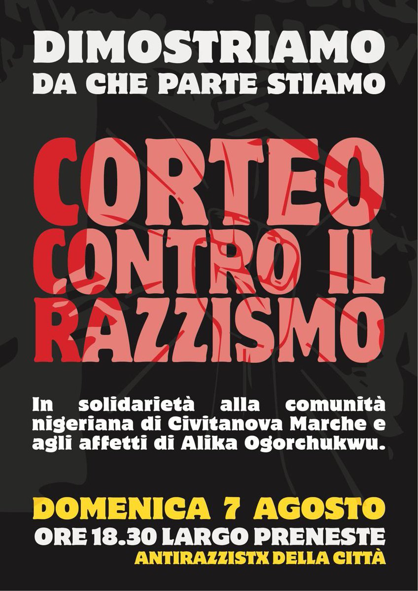 Domenica 7 agosto a Roma

CORTEO CONTRO IL RAZZISMO

Qui l'appello:  facebook.com/10867519845101…