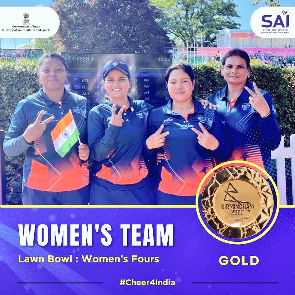ChouhanShivraj's tweet photo. Bravo! Heartiest congratulations to #TeamIndia for winning a Gold Medal in  Lawn Bowl at  #CWG2022.

You all have made the nation proud with this momentous triumph.

My best wishes for your future endeavours. 
#Cheer4India🇮🇳 @birminghamcg22 https://t.co/AHNBIpwdWC