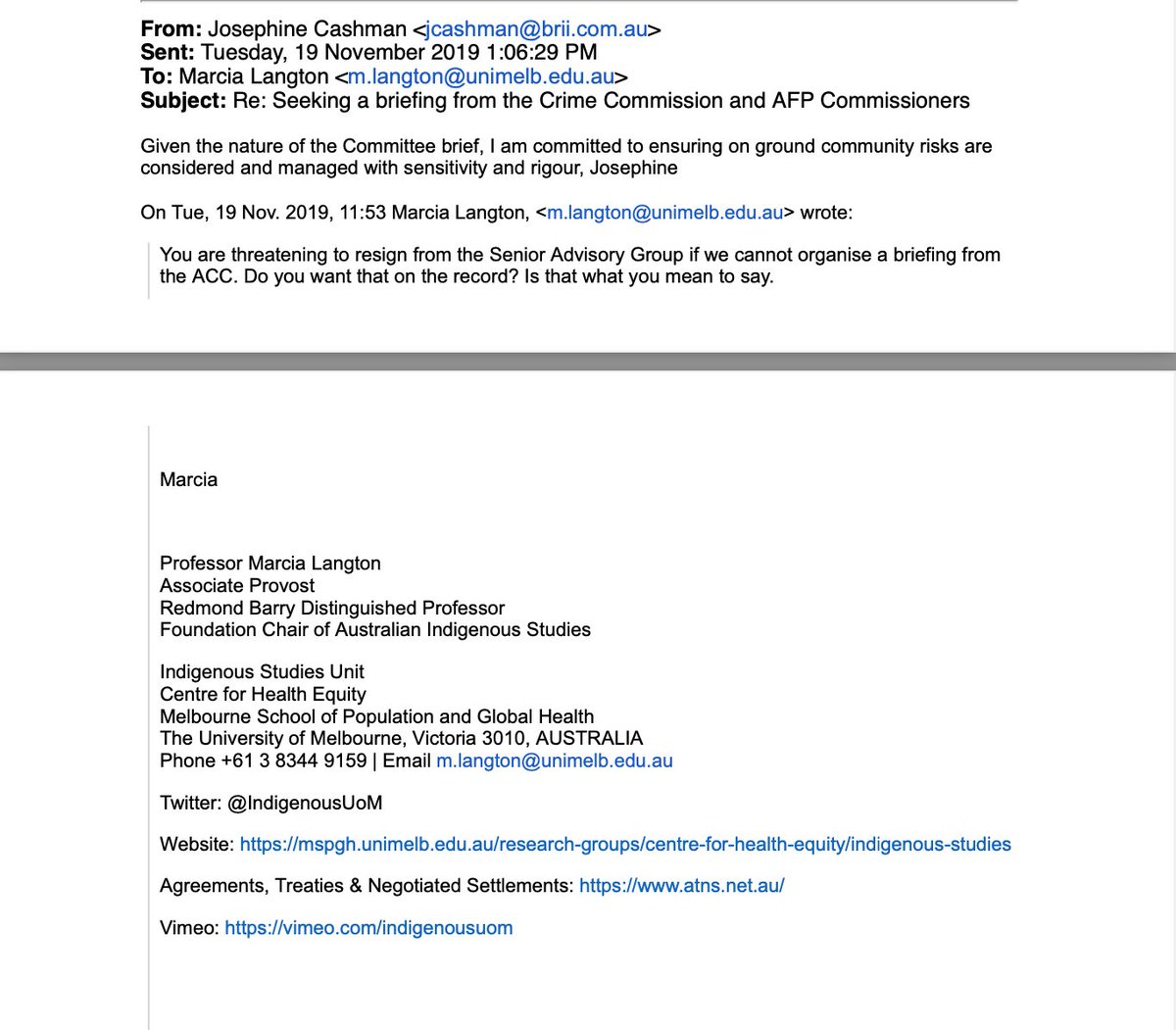 Josieamycashman's tweet photo. In 2019 as a senior advisor to the Minister for Indigenous Affairs several concerns arose. I addressed the concerns with Minister Wyatt &amp; his co-chair Marcia Langton in the following emails. 

Within two months my position was taken from me... https://t.co/OwwBy2ohDE