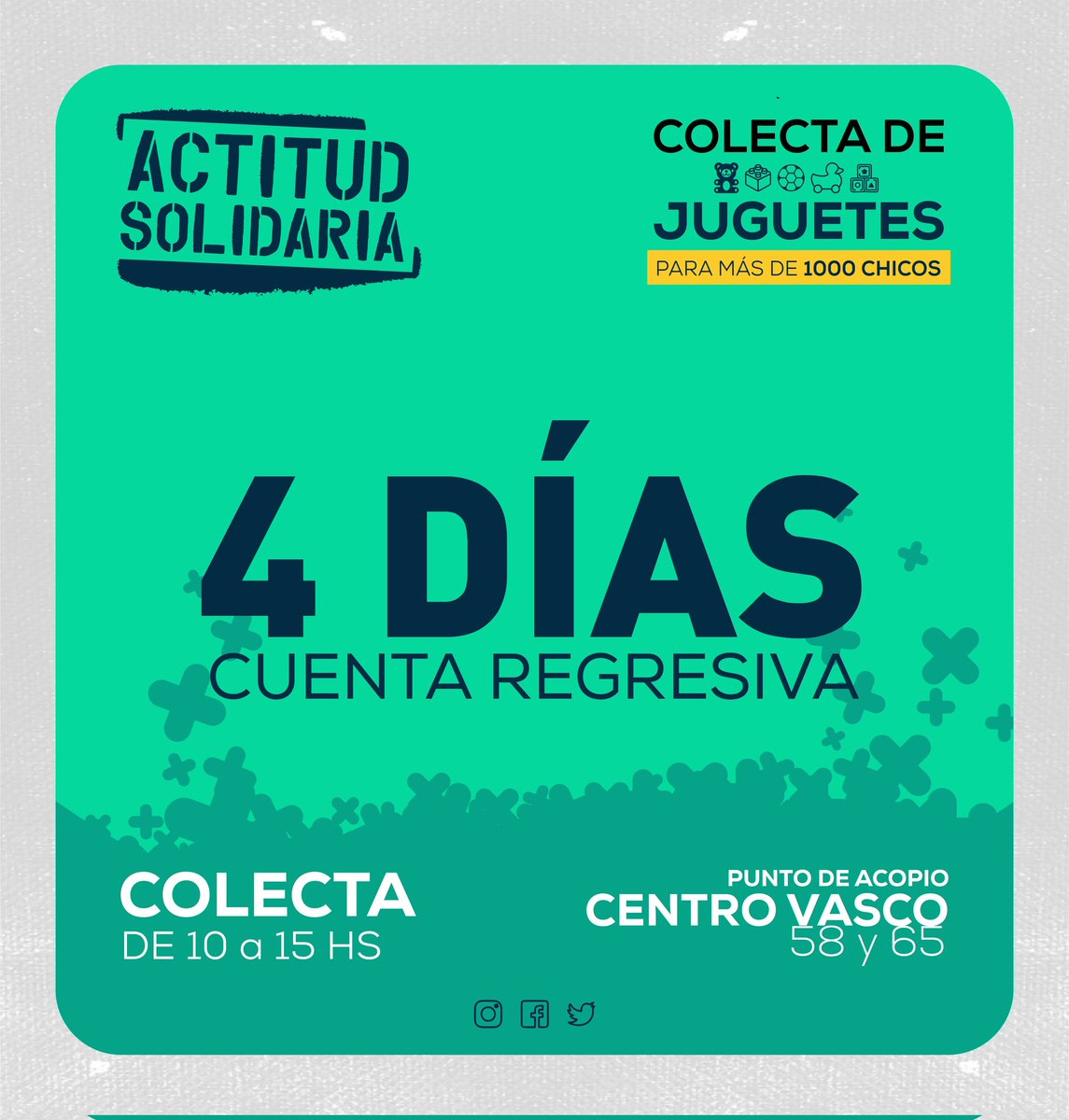 ActSolidaria's tweet image. Este sábado 6 continúa la 8va colecta anual de Actitud Solidaria 🙌🏼
👉🏼 Nos volvemos a encontrar en el Centro Vasco, en ACTITUD JUGAR🧸
Te esperamos con tus donaciones de juguetes nuevos o usados. El objetivo de acompañar a 10 espacios que contienen a diario a más de mil chicos❤