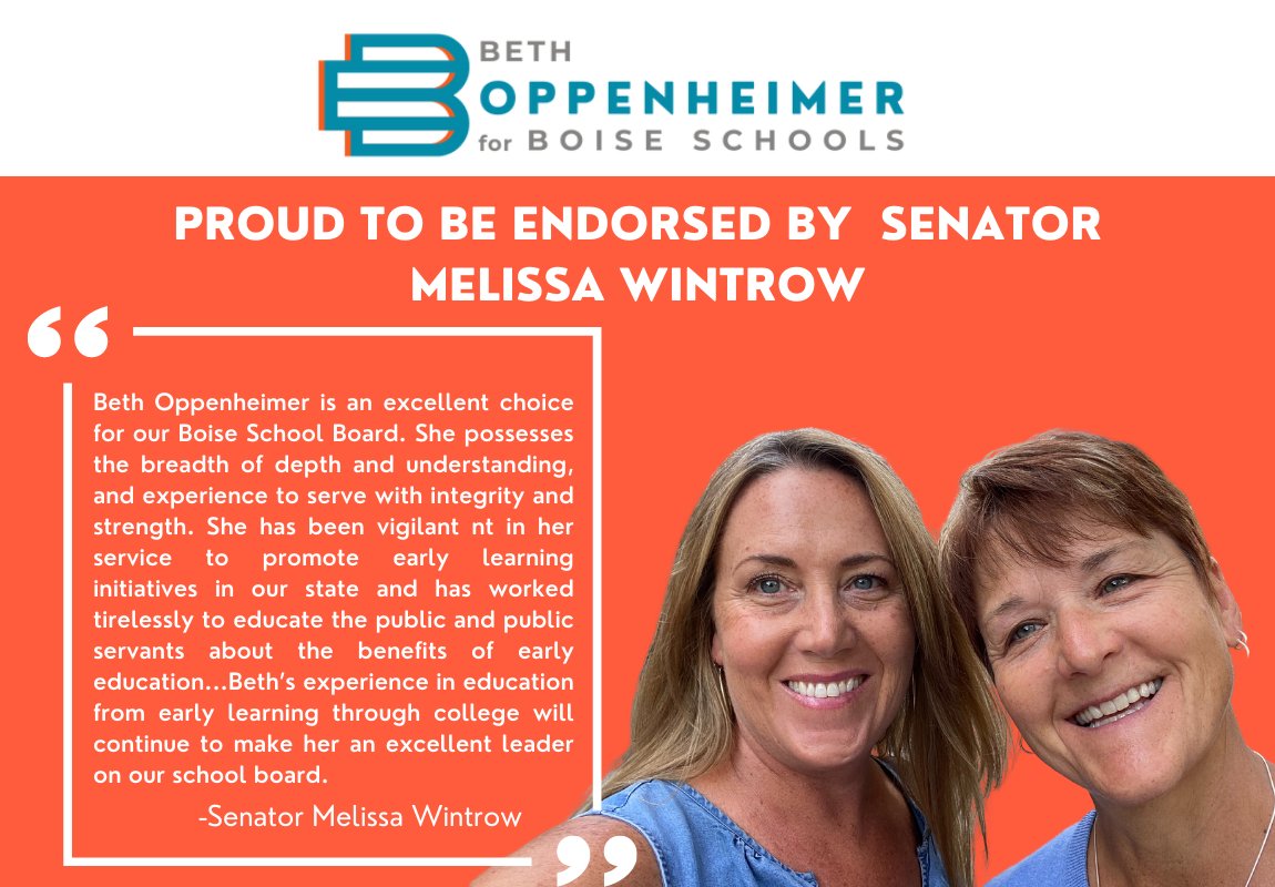 BethOppenheimer's tweet photo. Thank you to my friend @wintrow4idaho! She &amp; I served on the Pro Staff Sen together at BSU and we provided support for students who were balancing college, work, and family. She has been a long-time mentor of mine &amp; I am honored to have her endorsement. #voteBethOp4BoiseSchools https://t.co/I1O5iThMdI