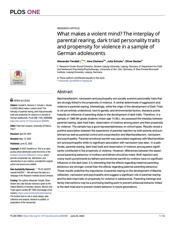 Neue Studie belegt Zusammenhänge zwischen emotionaler Vernachlässigung von Kindern und Jugendlichen und gesteigerter Gewaltbereitschaft. @AlexYendell und Oliver Decker (FGZ Leipzig) sehen Notwendigkeit für Ausbau von Präventionsprogrammen. fgz-risc.de/presse/details…