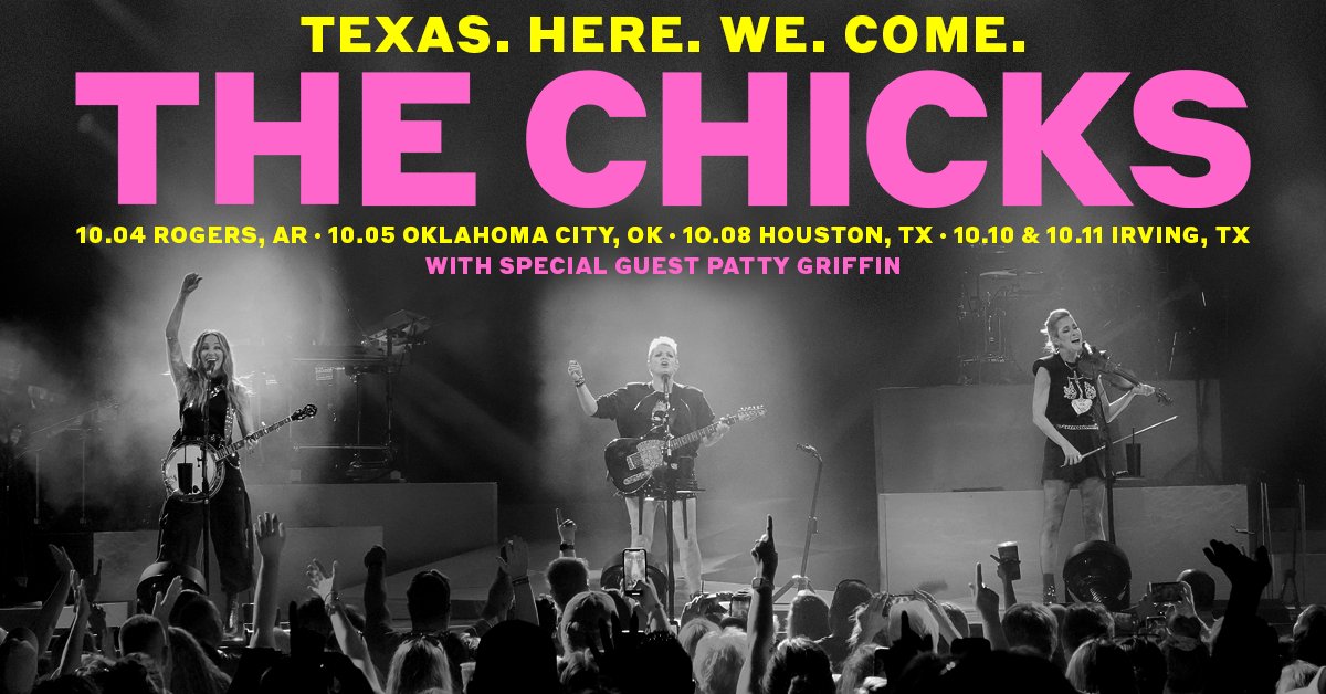 The Chicks (@thechicks) on Twitter photo #Texas. Here. We. Come.
Announcing new shows for our 2022 tour with special guest <a href="/PattyGMusic/">Patty Griffin</a>! #CHX2022
Tickets are on sale to the public Friday, August 5th at 10am CT. For tickets to all upcoming shows visit: thechicks.com/tour #Texas. Here. We. Come.
Announcing new shows for our 2022 tour with special guest <a href="/PattyGMusic/">Patty Griffin</a>! #CHX2022
Tickets are on sale to the public Friday, August 5th at 10am CT. For tickets to all upcoming shows visit: thechicks.com/tour