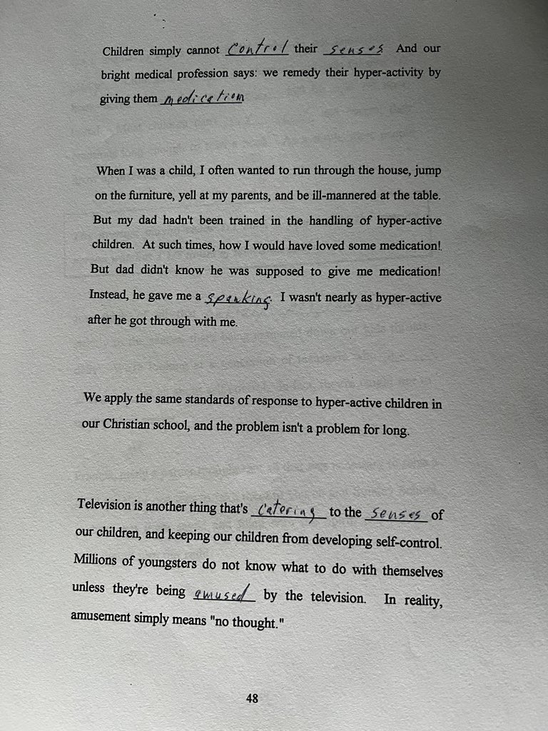 “Bright medical professionals say(s) we remedy their hyper-active by giving them medication.” This is the wrong answer, in case you were wondering. Keith Johnson then goes on the say how spanking will remedy it, and “the problem isn’t a problem for long”.