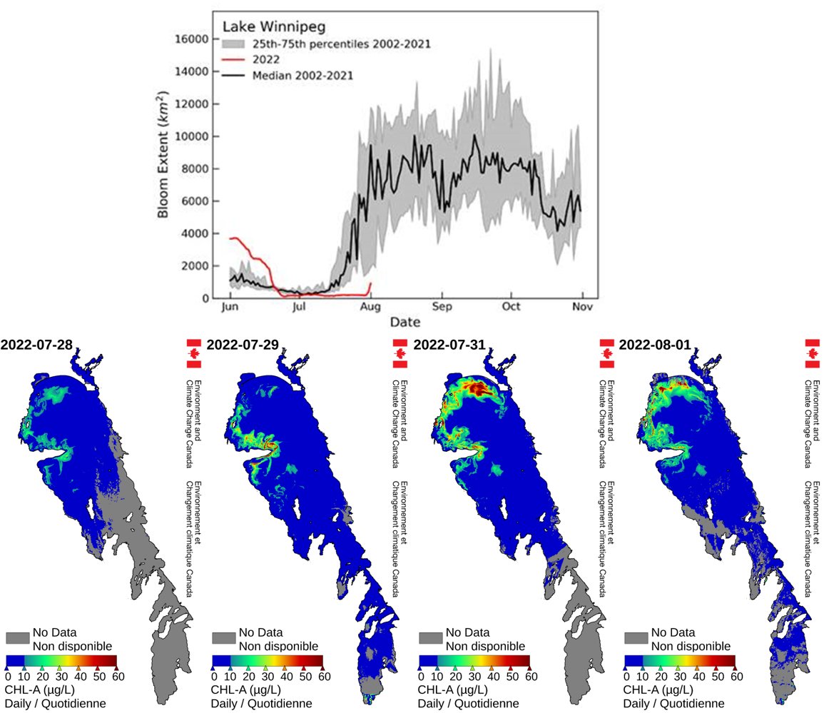 On #LakeWinnipeg we're seeing a later than average start to the bloom, but its been picking up in the north basin over the last few days...