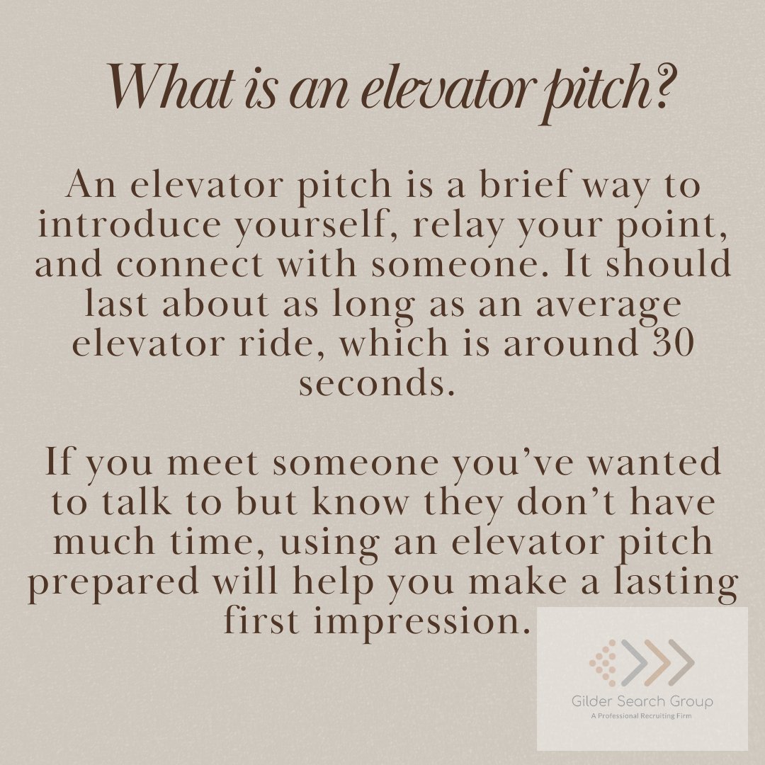 GilderSearch's tweet photo. Elevator pitches can help you leave a great first impression!

.
.
.
.
#gildersearch #job #jobs #jobsearch #finance #financial #accounting #accountants #recruiting #recruiter #hiring #motivation #wesearchforyou https://t.co/o0l2G0b7Db