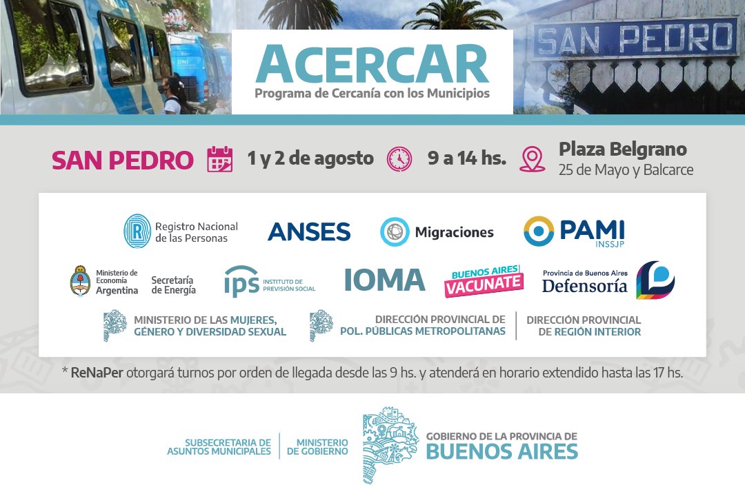 El Programa de Cercanía con los Municipios #Acercar llegó a #SanPedro. Los y las vecinas de la zona pueden realizar trámites y consultas de organismos nacionales y provinciales de forma centralizada, simple y rápida.
#ProvinciaEnMarcha
<a href="/Kicillofok/">Axel Kicillof</a>
<a href="/CrisAlvarezRod/">Cristina Alvarez Rodríguez</a>
<a href="/revorasantiago/">Lalo Révora</a>