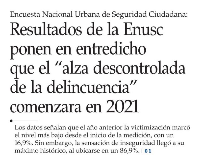 El Gob. escondió encuesta de Seguridad ENUSC, que muestra que la cantidad de delitos disminuyó entre 2018-2021, la tendencia siempre fue a la baja. Se cae fake news de que el problema es heredado, el problema es la falta de medidas y voluntad para hacerse cargo de la delincuencia