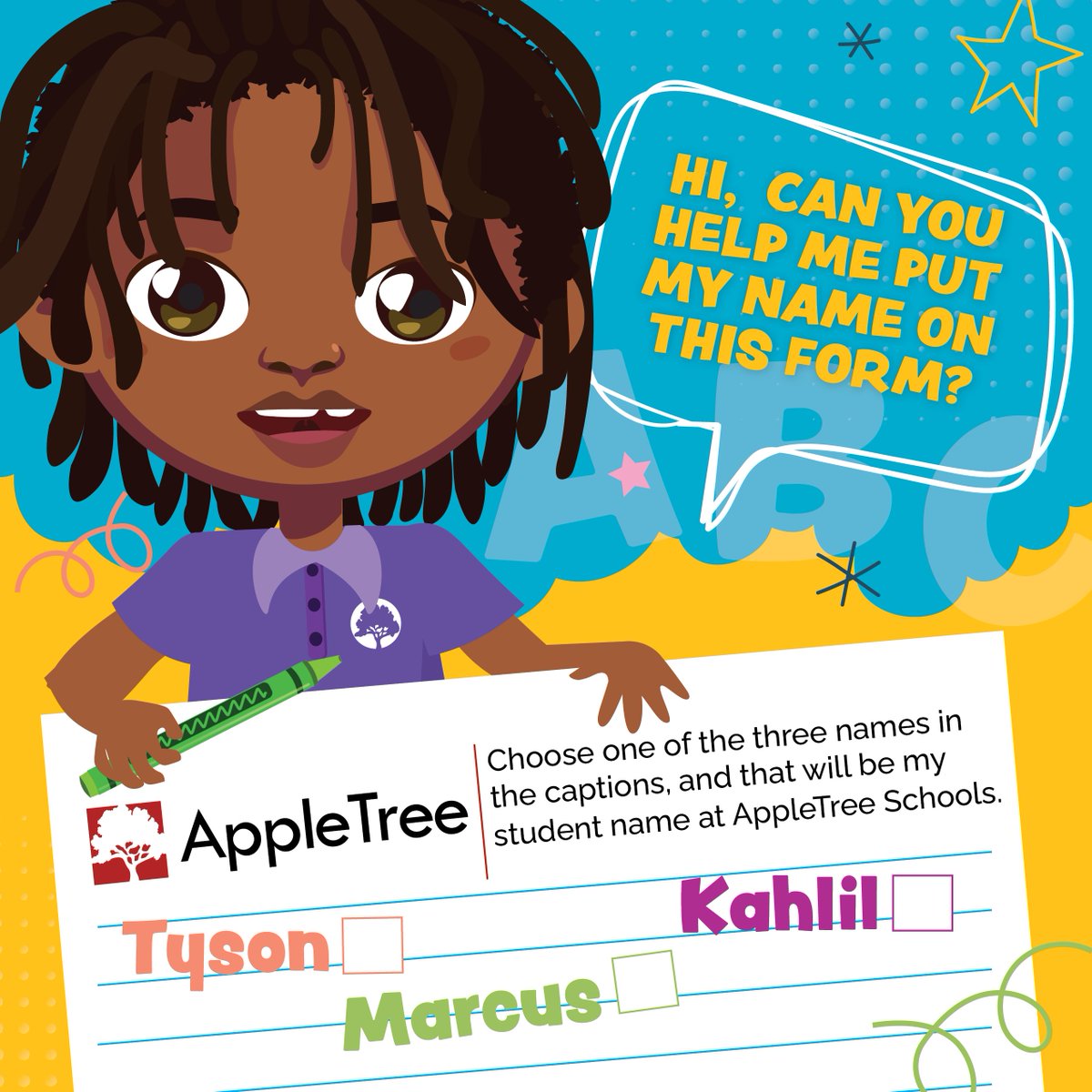 AppleTreeInst's tweet photo. Introducing DC AppleTree School Kids! Help him SUBMIT his name for the interest form and learn more about #AppleTreeSchools for the 3 & 4- year-old in your life at https://t.co/H0bgKcu6Yz #dcappletreeschoolkids #dc
Which name will it be, DC– Tyson, Marcus, or Khalil? https://t.co/JWB0SFEWAU