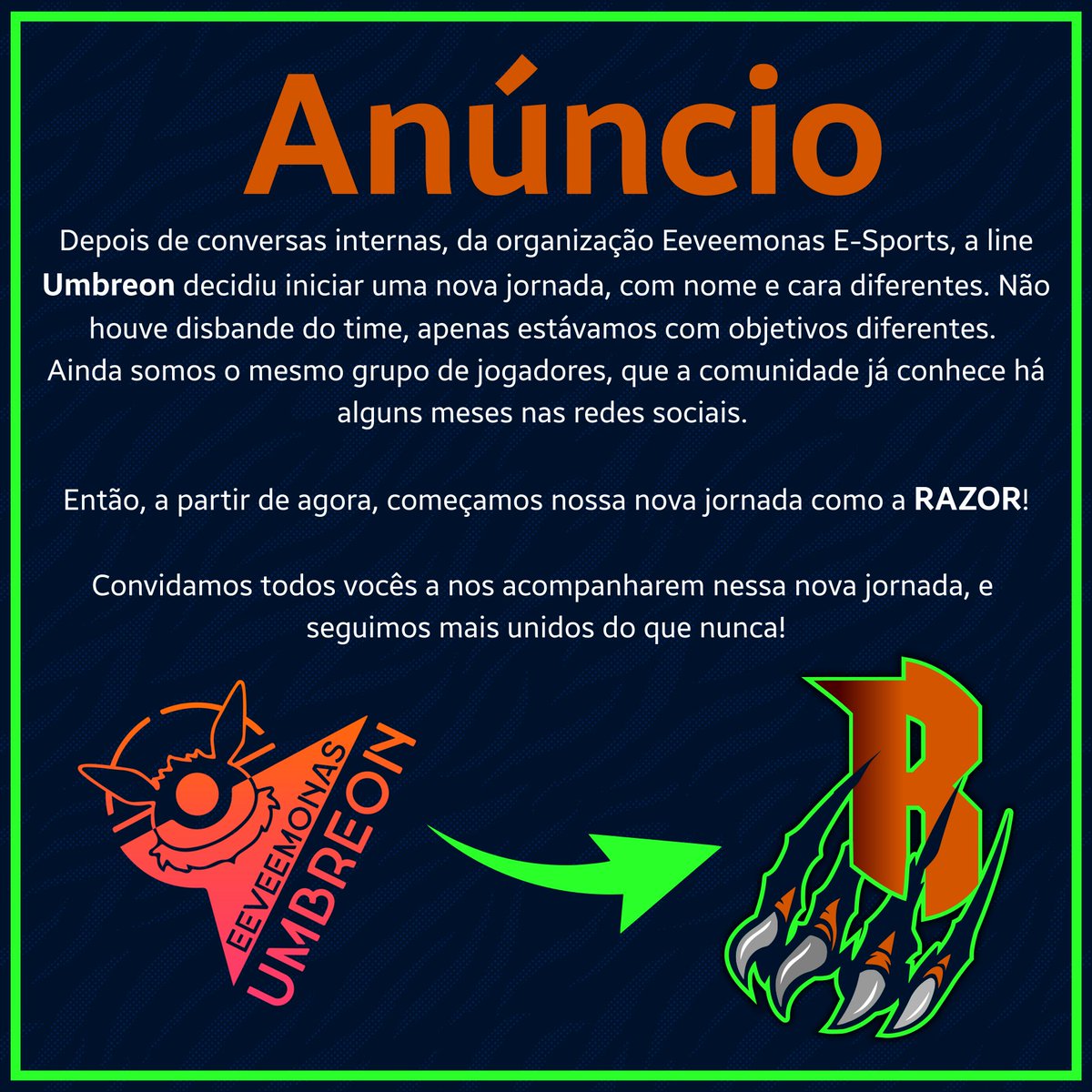 razor_unite's tweet photo. Uma novidade importante sobre nosso time 💚 https://t.co/BmLRyUYHWv