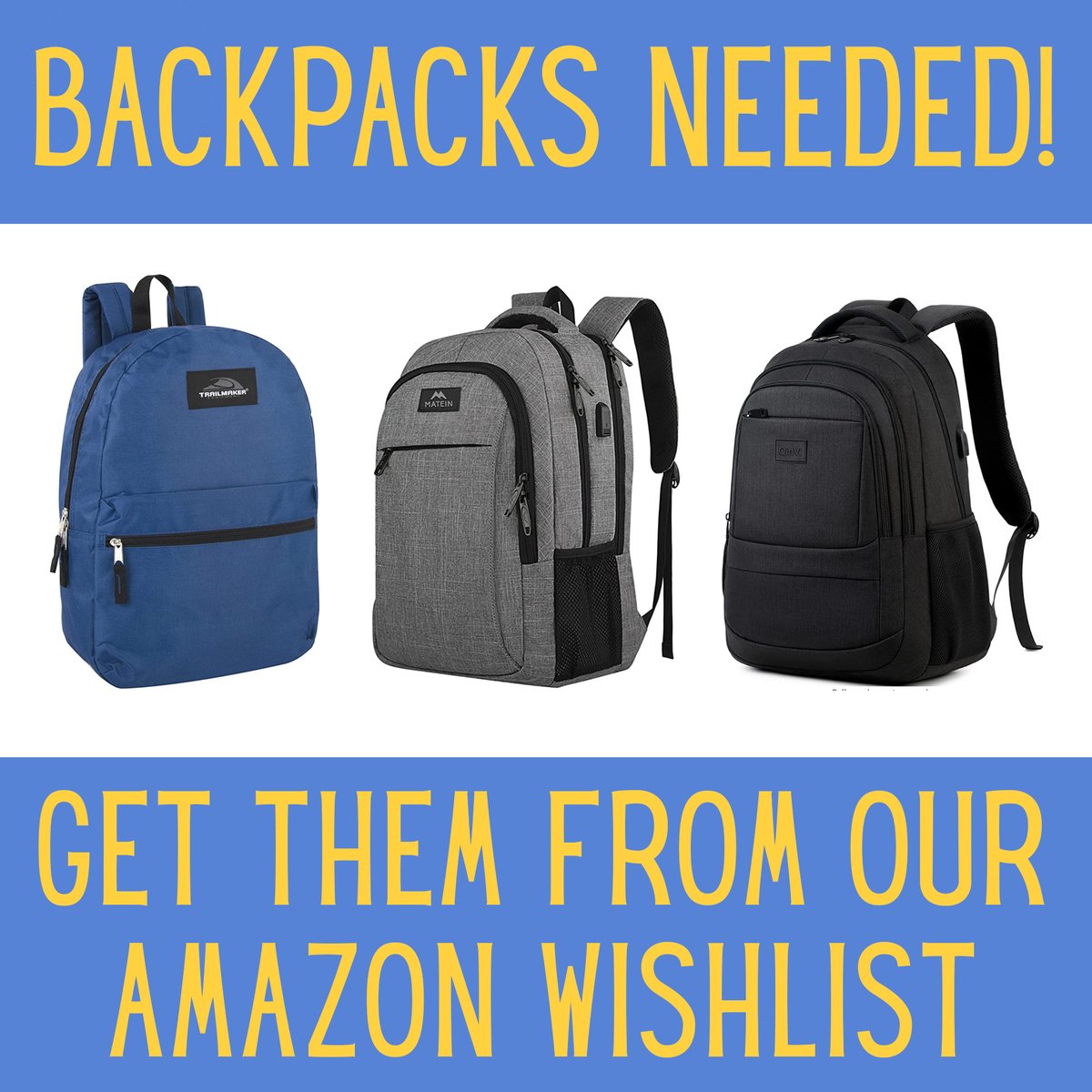 We're low on backpacks, which are on our needs lists for #Ukraine, Jordan, Bangladesh, etc. They’re extremely useful for those living in refugee camps. Purchase them from our Amazon Wishlist and they will be sent directly to our warehouse: amzn.to/3prGpvb  Thank you!