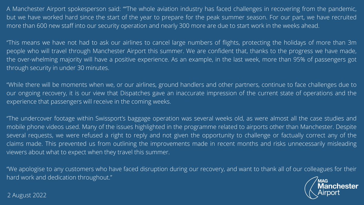 manairport's tweet image. Following the recent episode of Dispatches on Channel 4, we want to reassure passengers due to travel through Manchester Airport this summer.