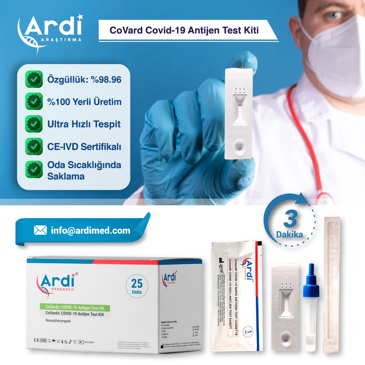 ARDiARASTIRMA's tweet photo. 🦠 Covid-19 virüs ve varyantlarının erken teşhisi için CoVard Covid-19 Hızlı Antijen Test Kitlerimizi Deneyin 👩🏻🔬
✅• %98.96 Özgüllük
✅• %100 Yerli Üretim
✅• Anlık Virüs Antijen Tespiti
#nasopharyngeal #nazofarenjiyal #covid19 #nasalantijen #antijen #ba4varyant #ba5variant https://t.co/PgSEgIRZEp