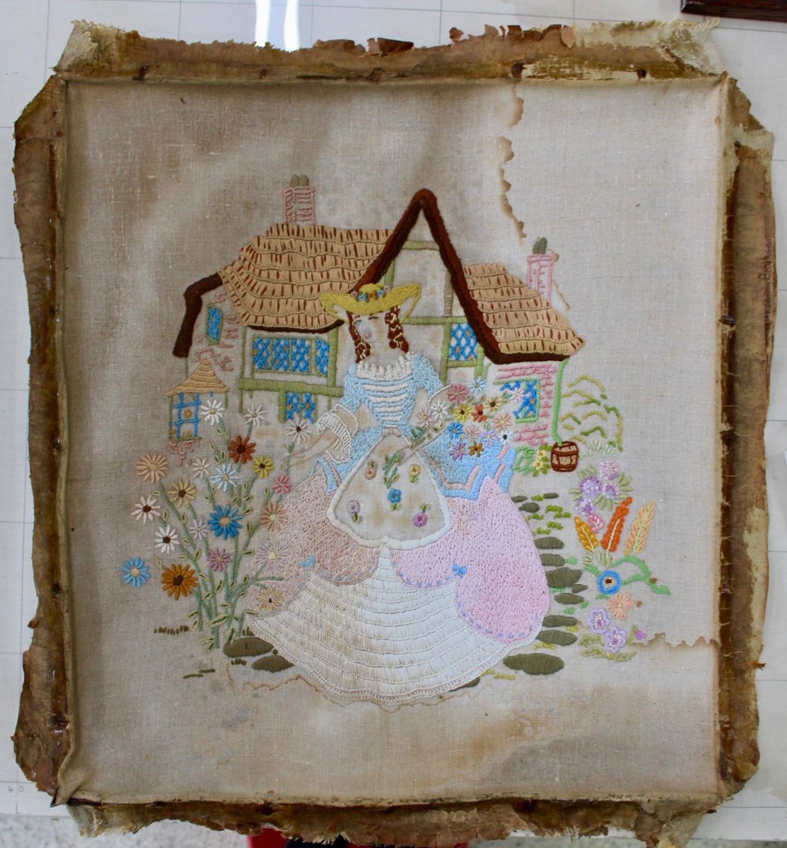 Landi_company's tweet image. This #firescreen was severely distorted and had heavily adhesive coated edges, so with the clients approval they were removed. Instead of using its original frame the object would be mounted, and removal made a more aesthetically pleasing finish #embroidery #conservation