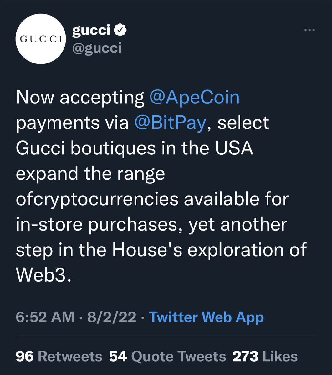 CryptoVonDoom's tweet photo. BREAKING: @gucci now accepts @apecoin as payment.
#BAYC https://t.co/r9eANm5DUm
