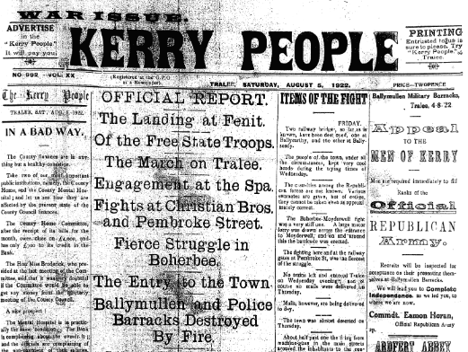 CivilWarInKerry's tweet photo. A report from the Kerry People on the landing of troops at Fenit on 2 August 1922 

During fighting at Sammy's Rock near the Spa, Private Edward Byrne and IRA volunteer John O'Sullivan were killed

#CivilWar #CivilWar100 https://t.co/IkesQnY9tj