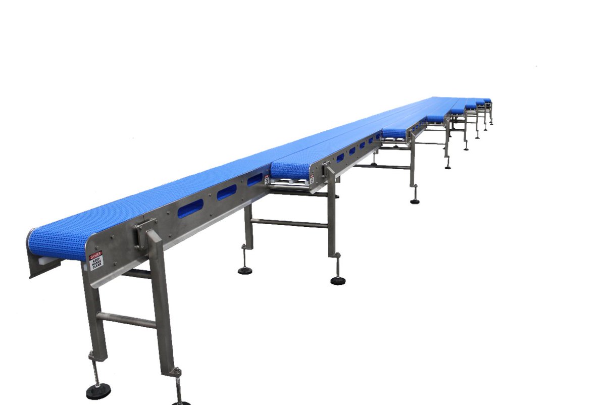 A conveyor system was customized to transport egg rolls from the customer’s existing forming machines to their fryer infeed conveyor. Interested in custom-designing and building a system for your layout? Contact us today! ow.ly/TCXk50K90ot #conveyance #producthandling