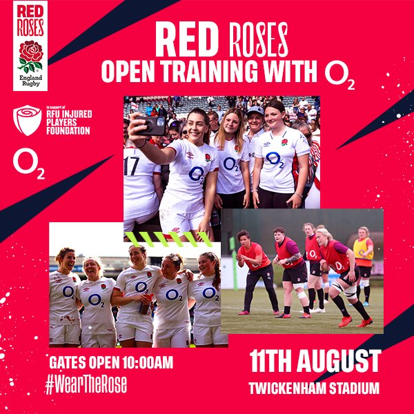 Things are getting exciting in the world of women’s sport 🏉 Come and watch England Rugby’s Red Roses train in partnership with @O2 in support of the @TheRugbyCharity at HQ on 11th Aug #WearTheRose 🌹 Get your tickets here ow.ly/7Gps50K699y #RedRoses #RugbyFamily