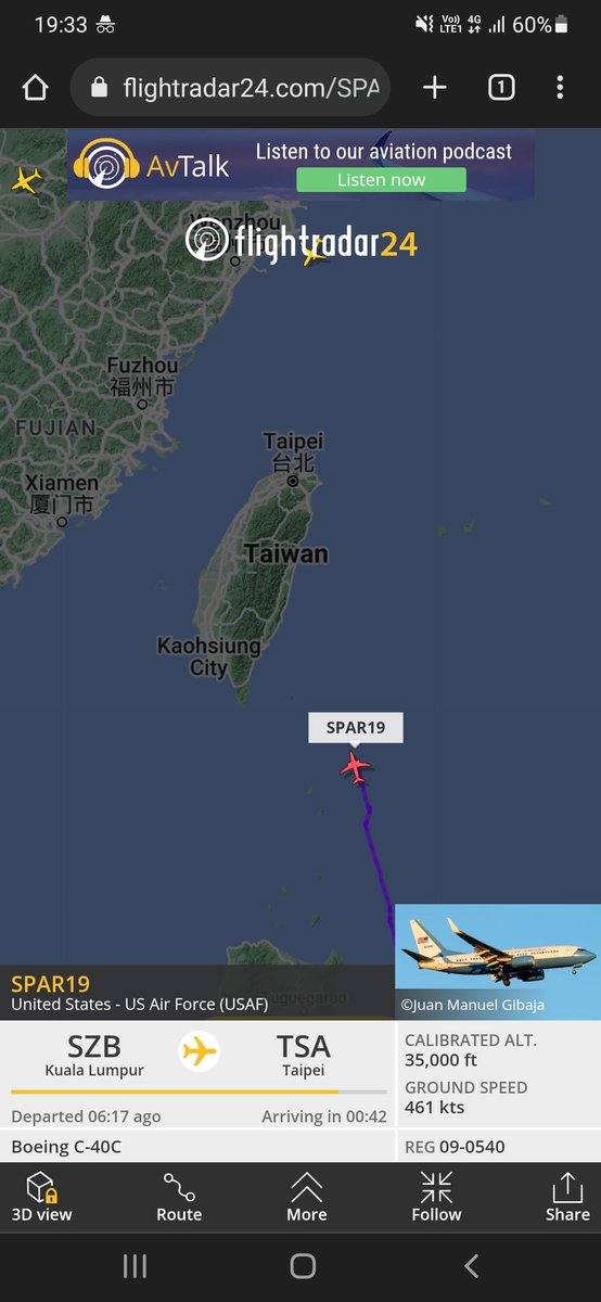 UdayXuvode's tweet photo. For those who cant access flightradar24. Pelosi to arrive in 42 min at taipei international airport. 
Latest update. 

#Pelosi #pelositaiwan #Taiwan https://t.co/MnZPPITuH2