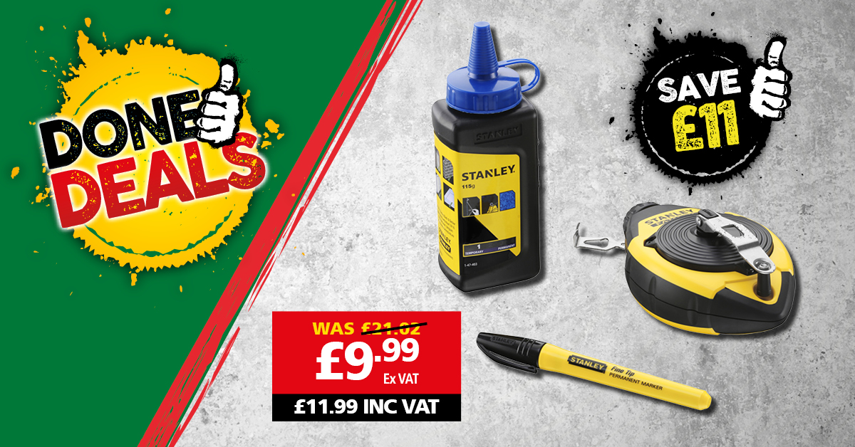 Pick up your new and improved Stanley chalk line set today and save £11! 3 X faster rewind ✔ 2 X the tensile strength and lasts twice as long ✔ Sliding door for easy filling ✔.

Buy yours in branch today or order online here: bit.ly/3vWqAA7
Offer ends: 30/09/22