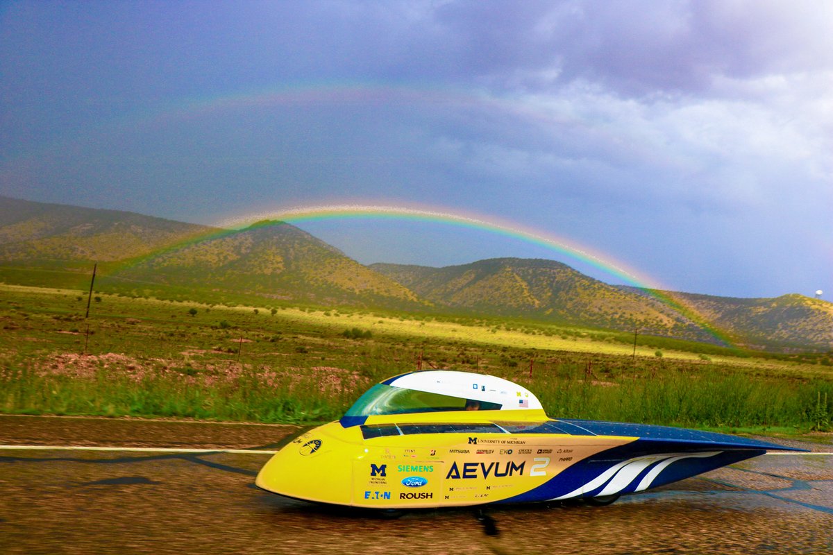 UMSolarCarTeam's tweet photo. What a long but beautiful day! Aevum drove 400 miles along the national forests and deserts of New Mexico and Arizona.

Well equipped to deal with monsoon season, the team made good progress on the road. We were even greeted by rainbows and the lovely sunset.

#MichiganSunRun https://t.co/gT2RN0PkHr