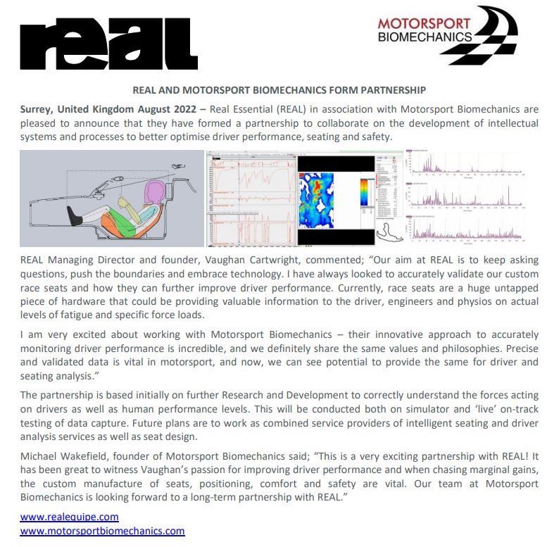 realseats's tweet photo. Delighted to now officially announce our partnership with Motorsport Biomechanics today! Great company and fantastic people to be working with - very exciting future ahead! #REALracers #REALperformance #MarginalGains #DriverApplications #DriverPerformance #DataDriven https://t.co/hqSMJnUAHl
