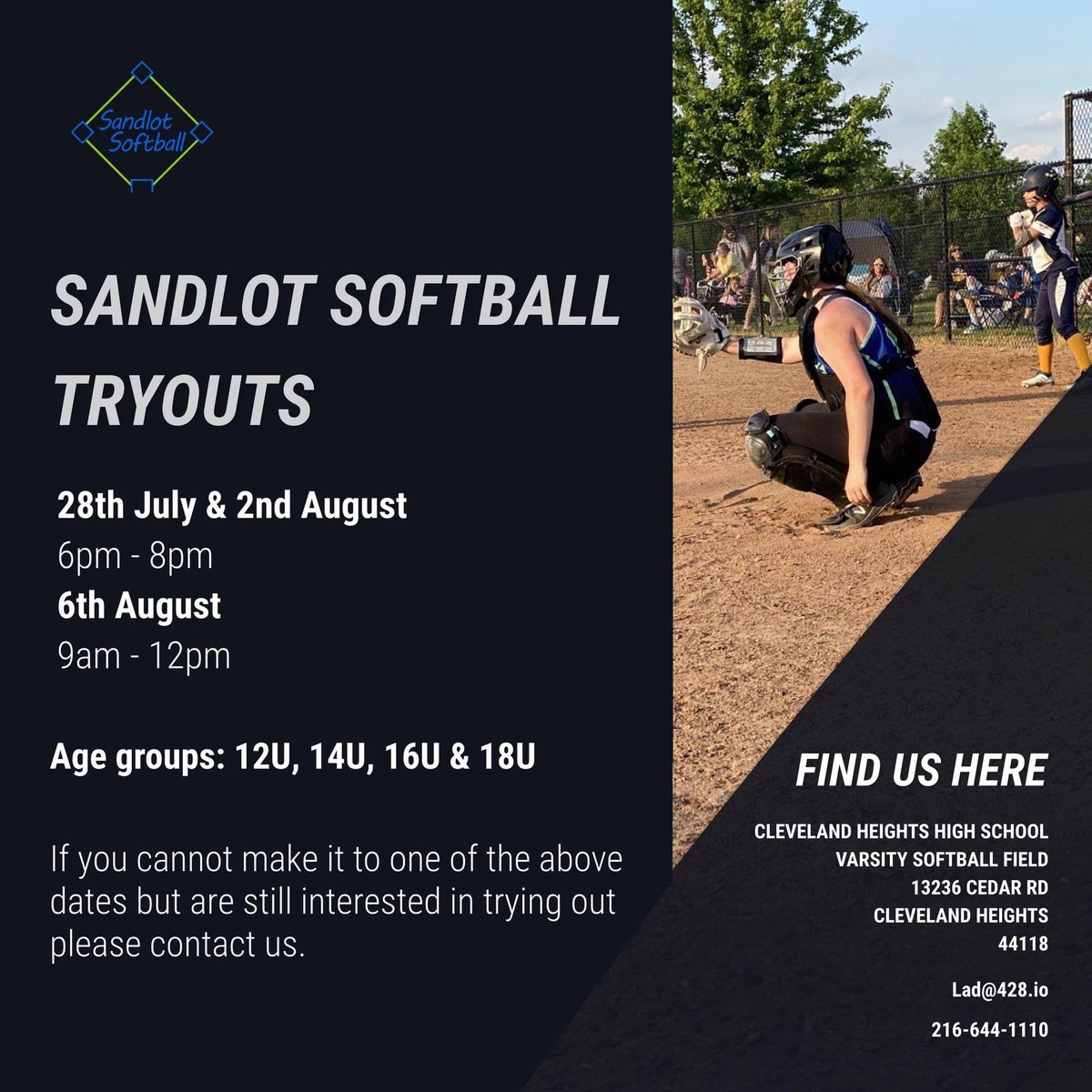 sandlotsb's tweet photo. Our second tryout session is over at Cleveland Heights High School today 🏫

6pm-8pm ⏰ See you there! 🥎 

Pre-registration link: https://t.co/TLVMfKET0s https://t.co/oqZEsufSca