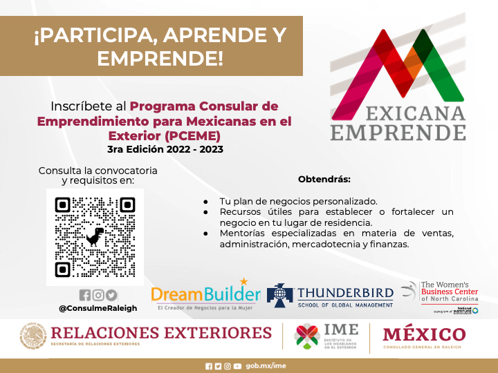 ConsulMexRlm's tweet photo. Te invitamos a participar del Programa Consular de Emprendimiento para Mexicanas en el Exterior. Logra consolidar tu plan de negocios y dale vida a tu proyecto 💡
#PCEME2022
#ImpulsaTuNegocio
#MexicanaEmprende

Consulta la convocatoria👇:
https://t.co/gFa33TB2qI

@SRE_mx @IME_SRE https://t.co/fKLaZWF7ze