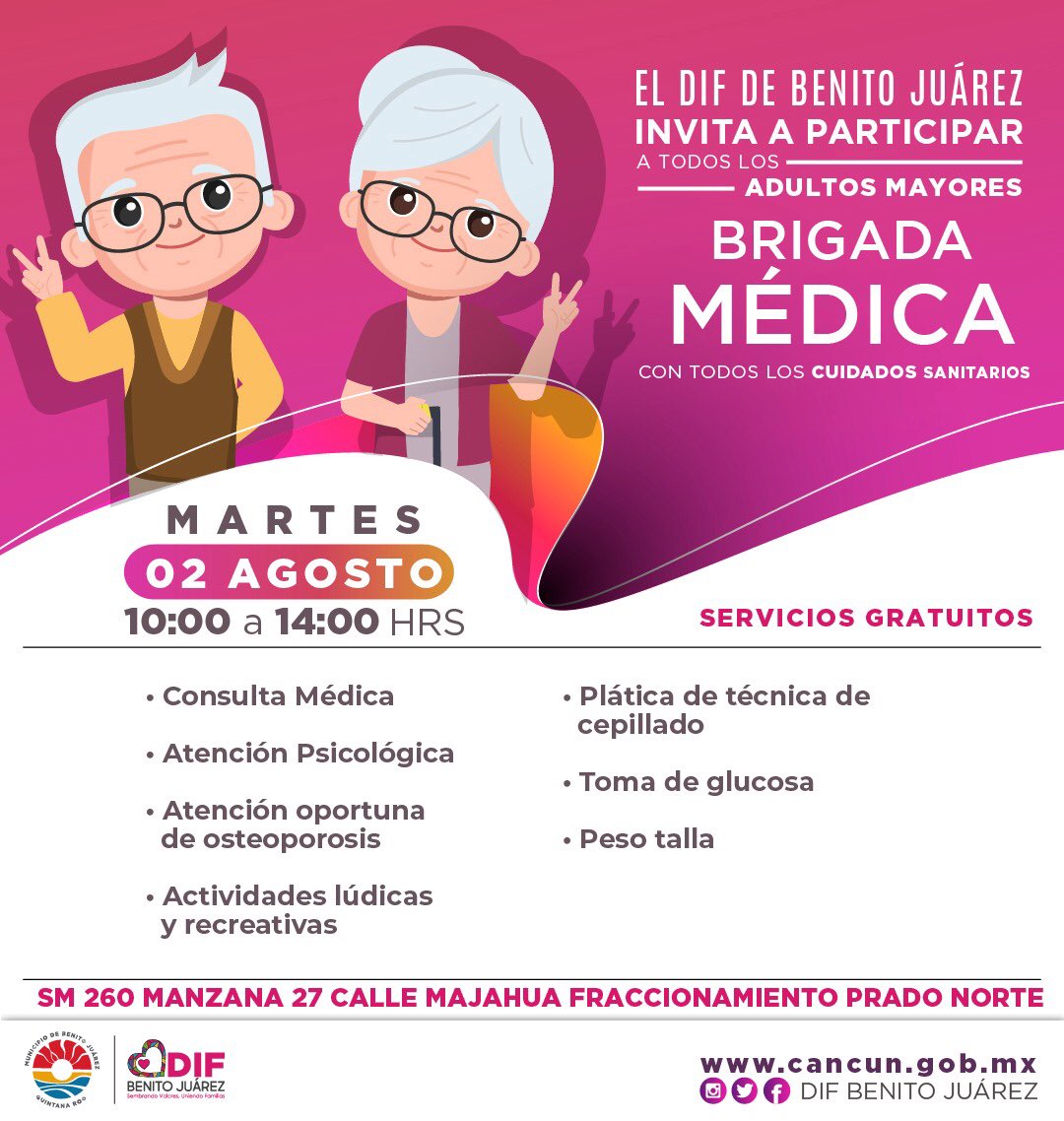 Sᴇʀᴠɪᴄɪᴏs ɢʀᴀᴛᴜɪᴛᴏs ᴘᴀʀᴀ Aᴅᴜʟᴛᴏs Mᴀʏᴏʀᴇs
🗓️ Martes 𝟐 𝐝𝐞 𝐚𝐠𝐨𝐬𝐭𝐨
⏰ 10:00 a 14:00 hrs. 
📍 𝐒𝐦. 𝟐𝟔𝟎, mz. 27, calle Majahua, 𝐏𝐫𝐚𝐝𝐨 𝐍𝐨𝐫𝐭𝐞.