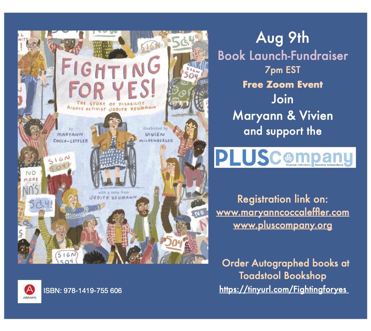 Maryann CoccaLeffler (@mcleffler) on Twitter photo "Fighting for YES! The Story of Disability Rights Activist Judith Heumann" publishes soon. Join me & Illustrator <a href="/vvmildenberger/">Vivien Mildenberger</a> at a FREE Zoom Book Launch- Fundraiser Aug 9, 7pmEST, hosted by The Plus Company ! Register: form.jotform.com/221914463426152 <a href="/abramskids/">ABRAMS Kids</a> #Fightingforyes "Fighting for YES! The Story of Disability Rights Activist Judith Heumann" publishes soon. Join me & Illustrator <a href="/vvmildenberger/">Vivien Mildenberger</a> at a FREE Zoom Book Launch- Fundraiser Aug 9, 7pmEST, hosted by The Plus Company ! Register: form.jotform.com/221914463426152 <a href="/abramskids/">ABRAMS Kids</a> #Fightingforyes