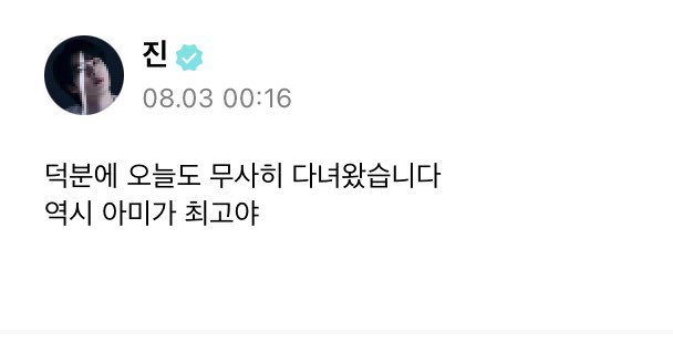 jin weverse post 🐹 thanks to you i went and came back safely today as well. as expected ARMYs are the best